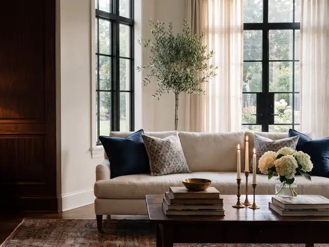 A warm, elegant living room with antique and modern pieces